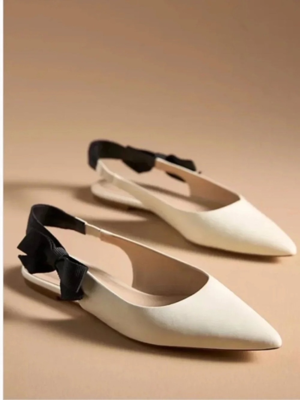 Anthropologie Maeve Side-Bow Slingback Flats in Cream & Black size 7.5 NIB